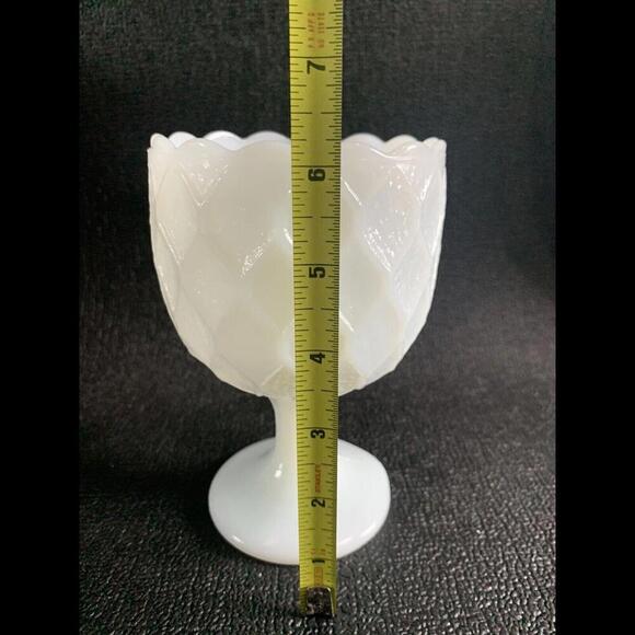 Vintage White Milk Glass Goblet Compote Pedestal Quilted Large 6.5" Tall - Picture 11 of 12